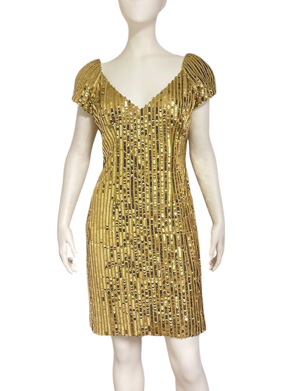 Vintage Alyce Designs Gold Sequin Bodycon Mini Dress Glam Y2K Holiday Party L